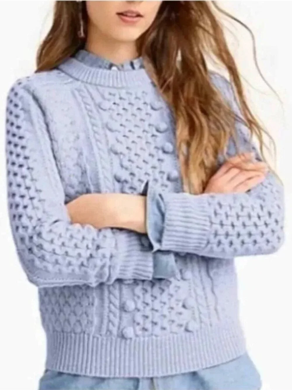 J. Crew Popcorn Cable-Knit Sweater Soft Blue Small #A3104